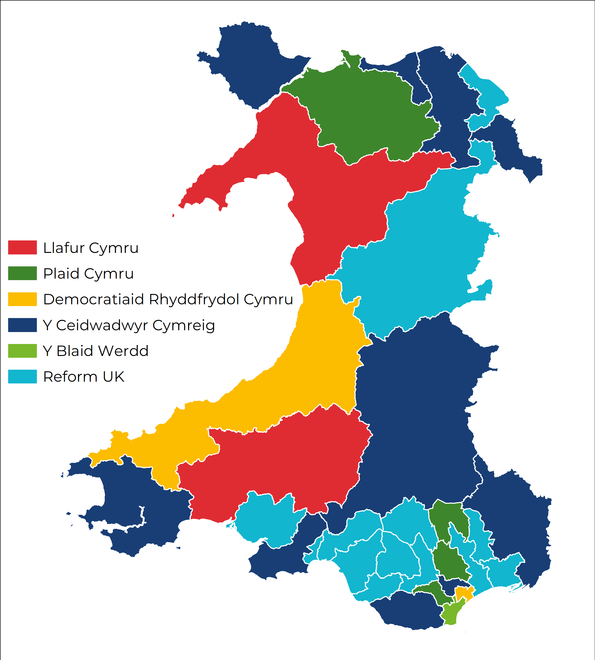 Map o etholaethau Cymru, gydag etholaethau wedi eu lliwio yn ôl pa Blaid ddaeth yn ail yn yr etholaeth honno. Mae llawer o gymoedd de Cymru yn las golau (Reform UK). Mae 10 sedd wedi eu lliwio mewn glas y Ceidwadwyr.