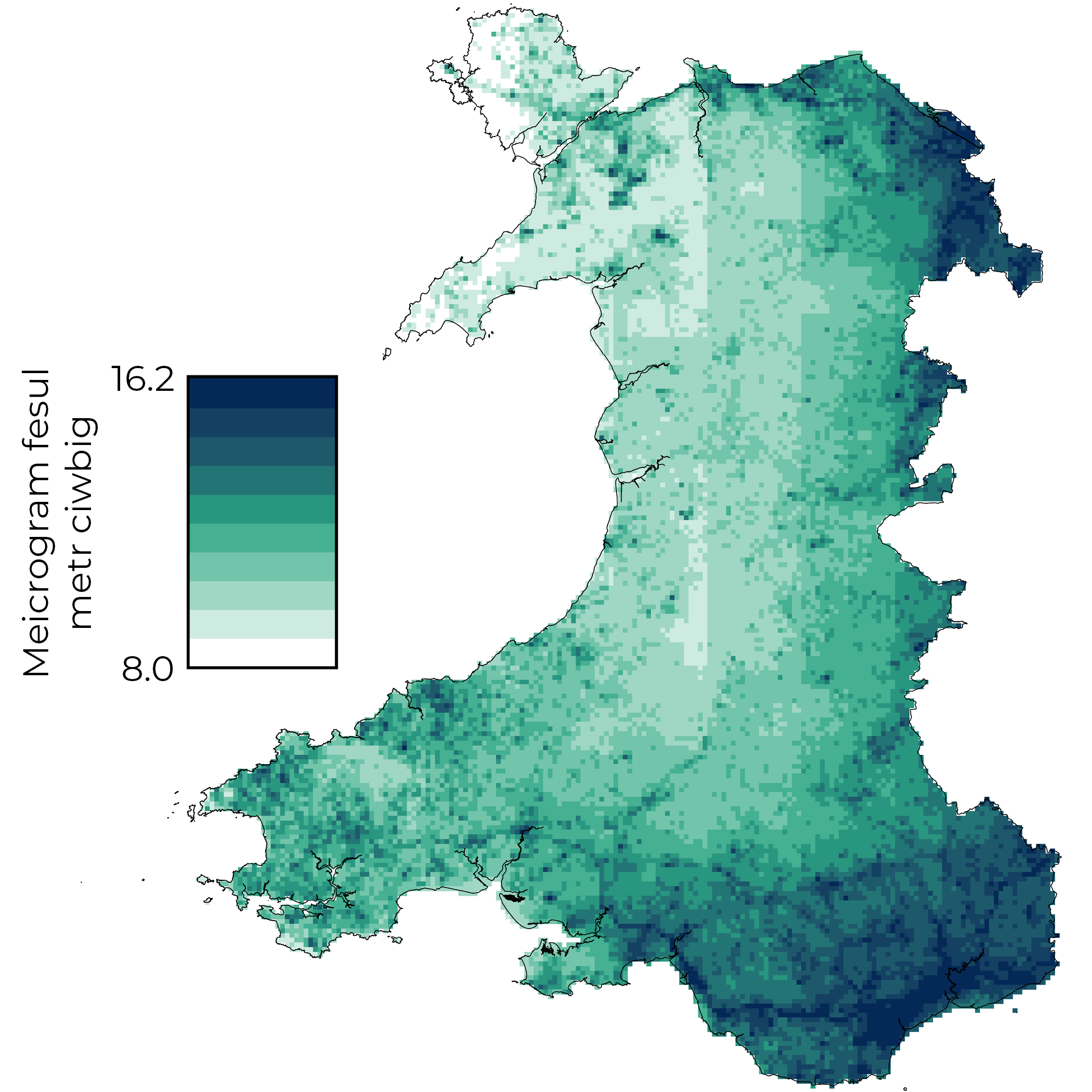 Map o Gymru gyda lliwiau sy’n dangos y crynodiad cymedrig PM10 blynyddol, sy’n amrywio o 8.0 i 16.2 meicrogram fesul metr ciwbig. Mae’r crynodiadau isaf yng nghanolbarth Cymru a gogledd-orllewin Cymru. Mae’r crynodiadau uchaf yn ne-ddwyrain Cymru a gogledd-ddwyrain Cymru. Mae crynodiadau uwch hefyd i’w gweld mewn ardaloedd trefol ac ar hyd y ffyrdd mwyaf, yn enwedig coridor yr M4.