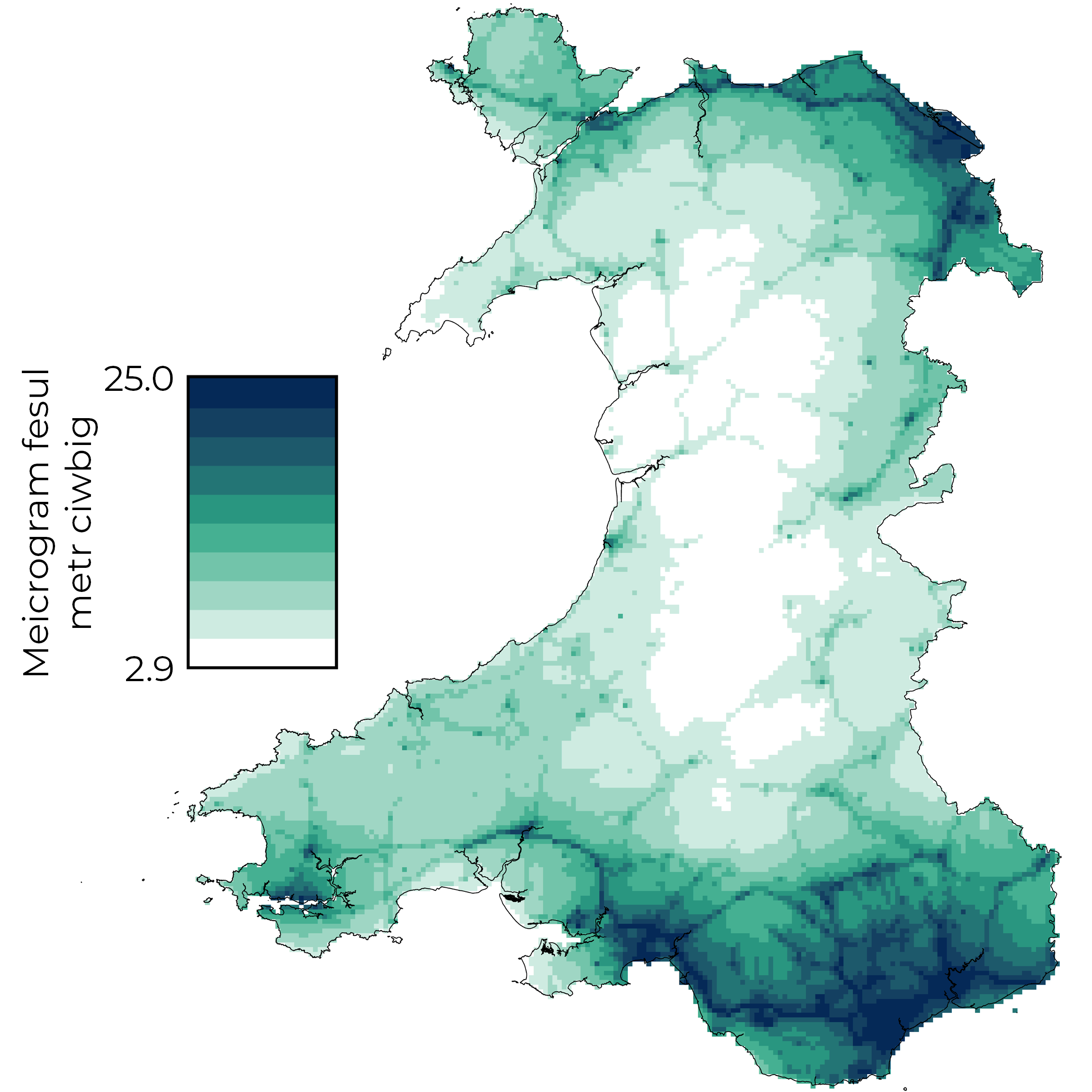 Map o Gymru gyda lliwiau sy’n dangos y crynodiad cymedrig NO2 blynyddol, sy’n amrywio o 2.9 i 25.0 meicrogram fesul metr ciwbig. Yn debyg i PM10 a PM2.5, mae’r crynodiadau isaf yng nghanolbarth Cymru a gogledd-orllewin Cymru ac mae’r uchaf yn ne-ddwyrain a gogledd-ddwyrain Cymru yn ogystal ag mewn ardaloedd trefol ac mewn ardaloedd ar hyd y prif ffyrdd. Mewn cyferbyniad â PM10 a PM2.5, mae NO2 yn llawer mwy lleol ac yn gostwng i grynodiadau cymharol is o lawer mewn ardaloedd gwledig.