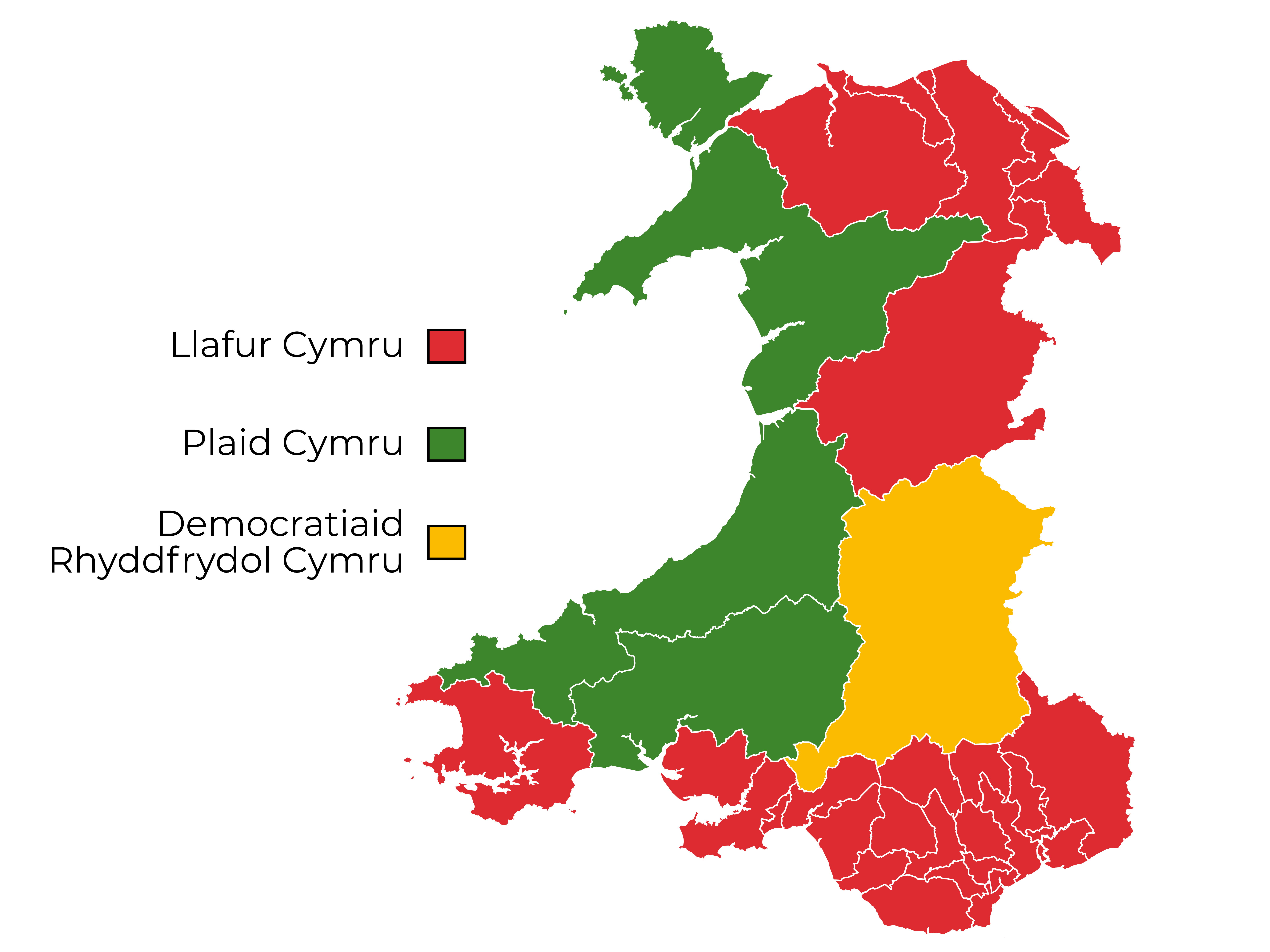 Map o etholaethau Cymru, gydag etholaethau wedi eu lliwio yn seiliedig ar ba Blaid enillodd y sedd honno.