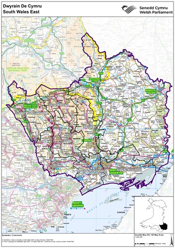 Map o ranbarth Dwyrain De Cymru