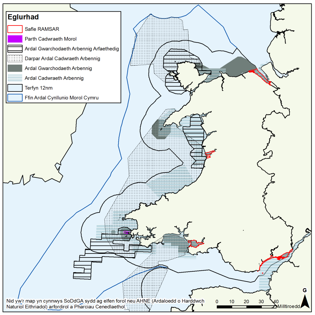 Map yn dangos y Mathau o Ardaloedd Morol Gwarchodedig yng Nghymru