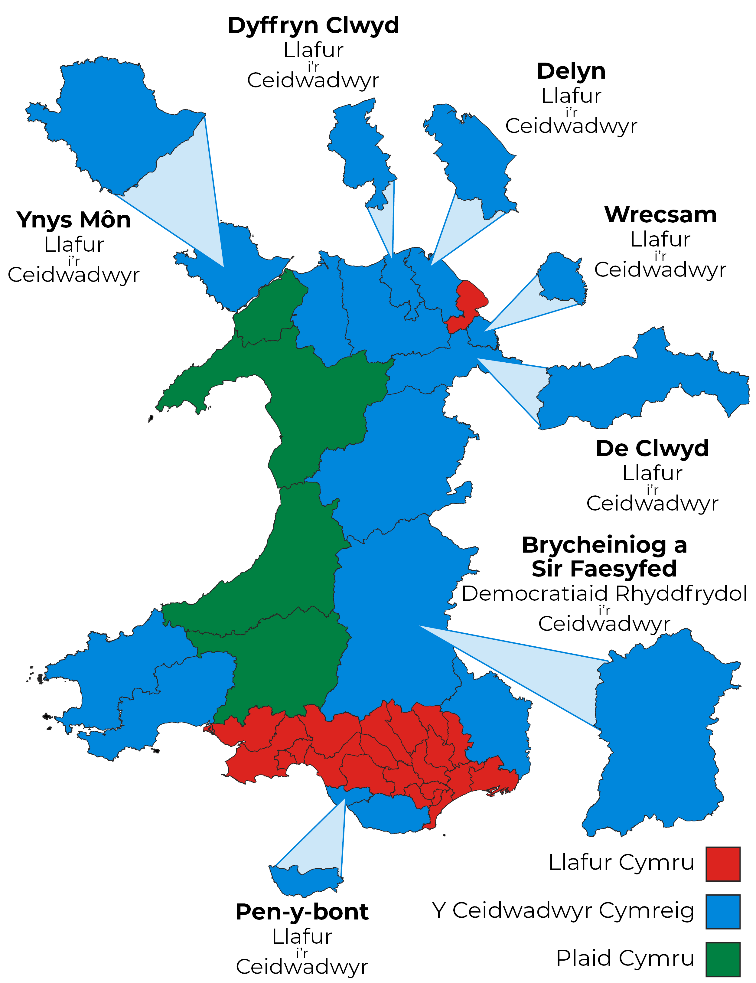 Graffig yn dangos pob sedd a newidiodd yn Etholiad Cyffredinol 2019.