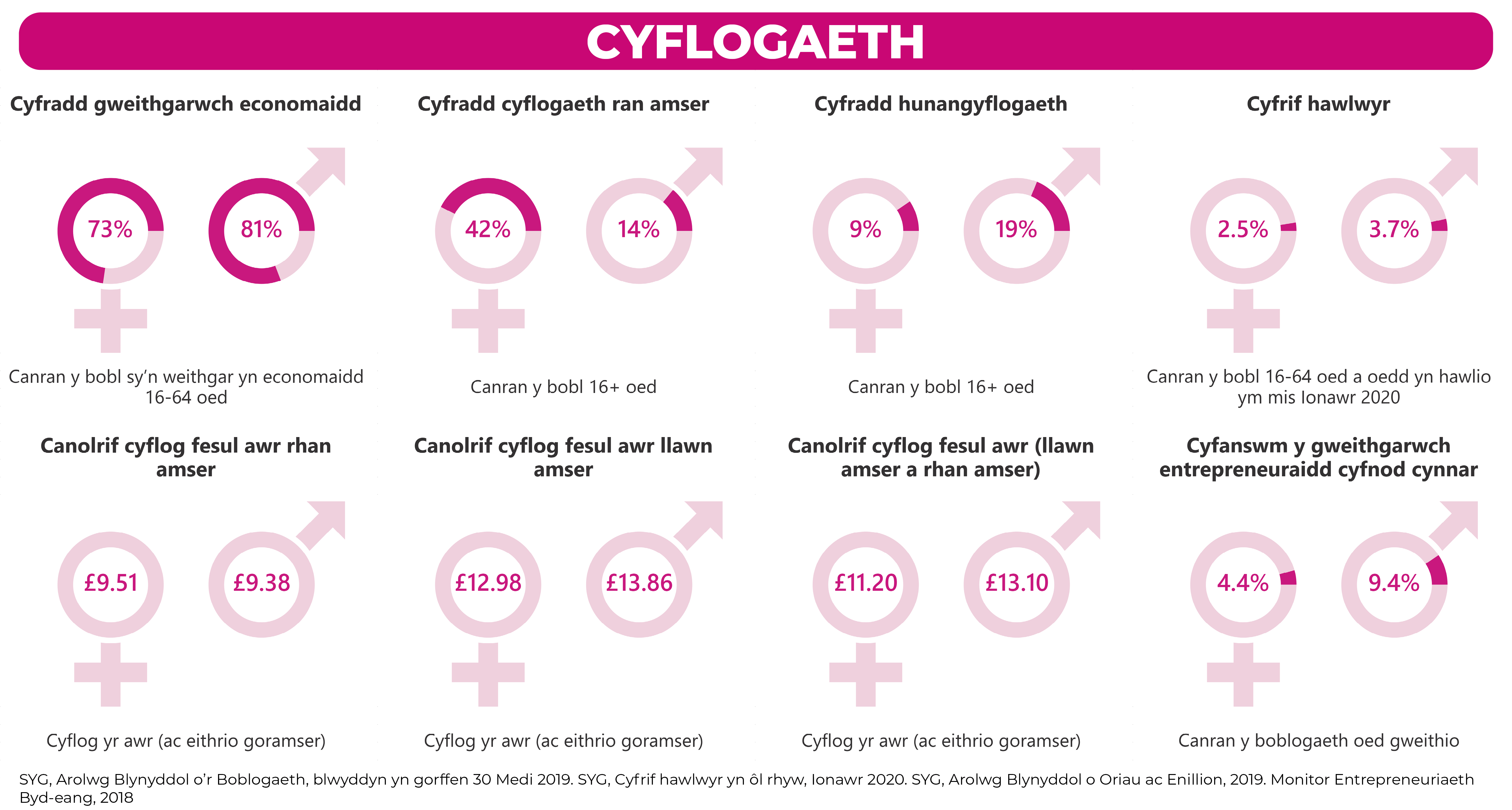 Ffeithlun yn dangos ystod o ystadegau am rywedd