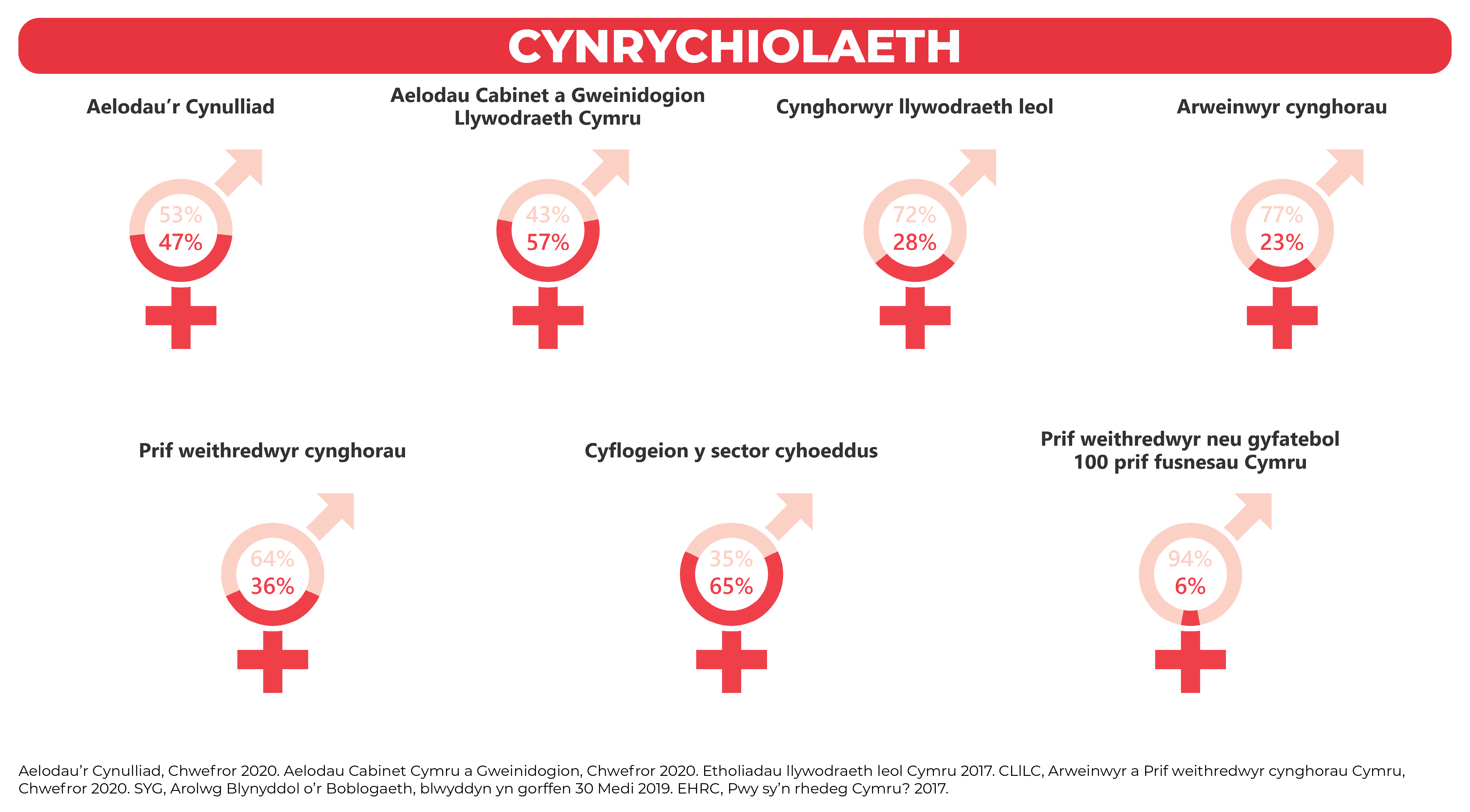 Ffeithlun yn dangos ystod o ystadegau am rywedd